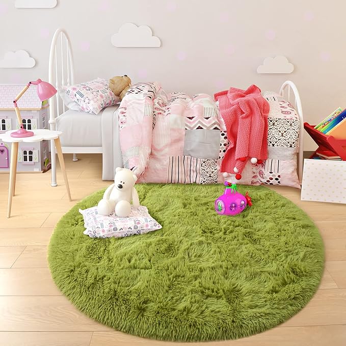 junovo Round Rug, 4ft, Green, Soft Area Rugs for Kids Girls Room Decor, Fluffy Shaggy Carpet, Circular Nursery Rug for Baby Room Home Decor