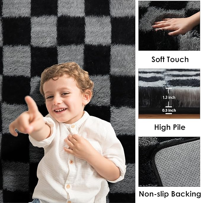 KICMOR Area Rugs for Bedroom, Black and Grey Fluffy Shag Soft 3x5 Checkered Small Living Room Carpet, Indoor Fuzzy Shaggy Plush Rug for Kids Boys Girls Teen Dorm Nursery Bedside Home Decor Aesthetic
