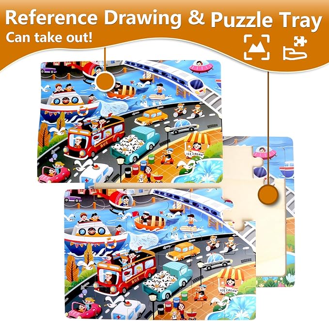 4SET Puzzles for Kids Ages 4-6 - 24 Pcs Wooden Realistic Montessori Toddler Puzzles Ages 3-5 - Construction Vehicles Learning Games for Boys and Girls 4-8 Year Olds