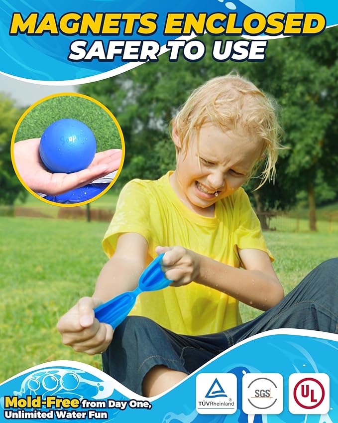 Upgraded Model SOPPYCID 6PCS Reusable Water Balloons - Quick Fill Water Balls Toys For Toddler Age 4-8 - Refillable Magnetic Self-Sealing Water Splash Bomb For Summer Party Pool Toys