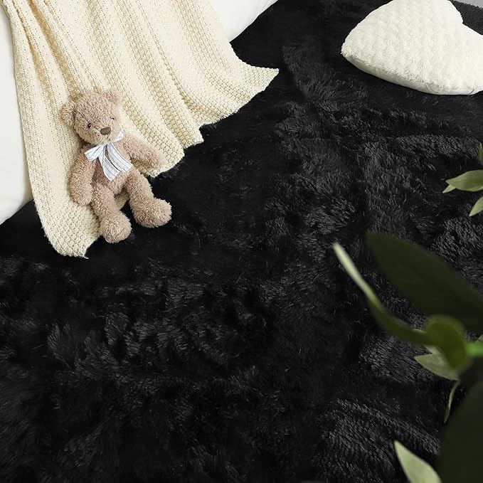 LOCHAS Luxury Round Fluffy Area Rugs for Bedroom Kids Girls Room Nursery, Super Soft Circle Rug, Cute Shaggy Carpet for Children Living Room, 4x4 Feet Black