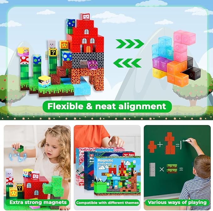 Magnetic Blocks-150 PCS Build Adventure Game Castle World Set - Magnetic Building Cubes Stacking, STEM Montessori Sensory Toys for Kids Boys Girls Ages 3 4 5 6 7 8 9 10 Eater Birthday Gifts