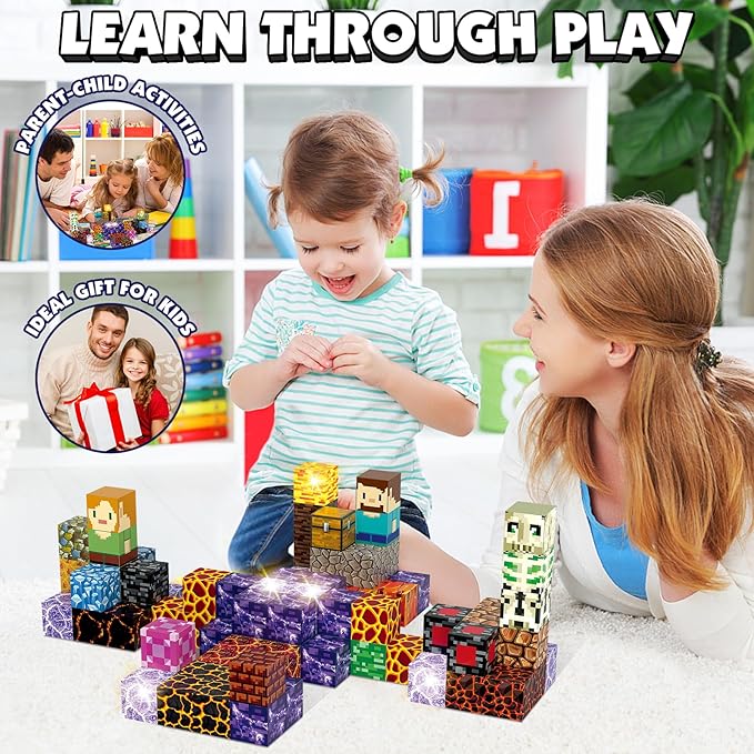 Magnetic Blocks Building Toys Set,1 inch Light Up Magnetic Building Block, 3D Sword Magnet Cubes STEM Sensory Construction Toys for Toddler 3+