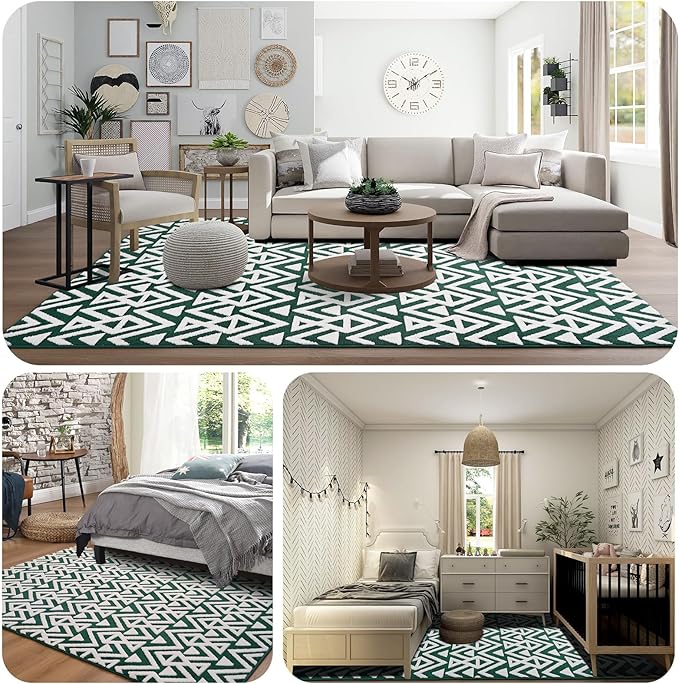 Ompaa Ultra Soft Shaggy Rugs Memory Foam Bedroom Carpet, Green and White 3x5 Feet, Plush Geometric Textured Area Rugs for Living Room Couch Dorm Bedside Kids Girls Teens Room Nursery Decor Floor Mat
