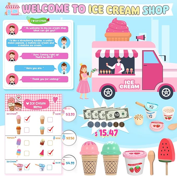 INNOCHEER Ice Cream Toy, Wooden Ice Cream Play Set, Pretend Play Kitchen Toys, Ice Cream Toys for Toddlers, Ice Cream Shop Playset Play Store, Gifts Toys for 3 4 5 6 7 8+ Year Old Girls Boys