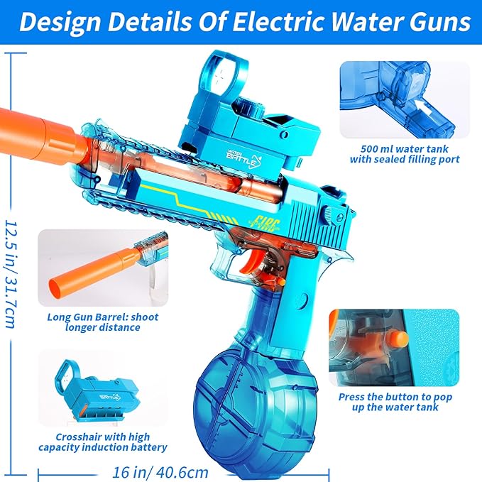 Electric Water Gun, Water Guns for Adults and Kids, Automatic High Power 500ml Squirt Guns, Long Range Water Gun Summer Water Toys for Boys Girls Pool Party Beach Outdoor (Blue)