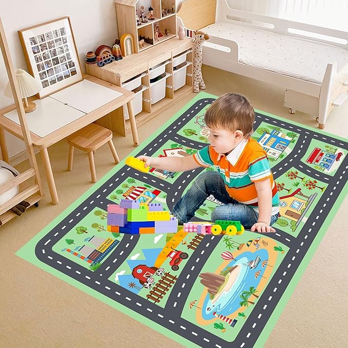 Kids Rug Car Rugs Playmat Carpet for Play Toy Cars for Playroom Classroom Kids Room, Educational Area Rugs Non-Slip Road Traffic Floor Rug Mats, Ideal Gift for Nursery Children Boy Girl 2.6x3.9ft