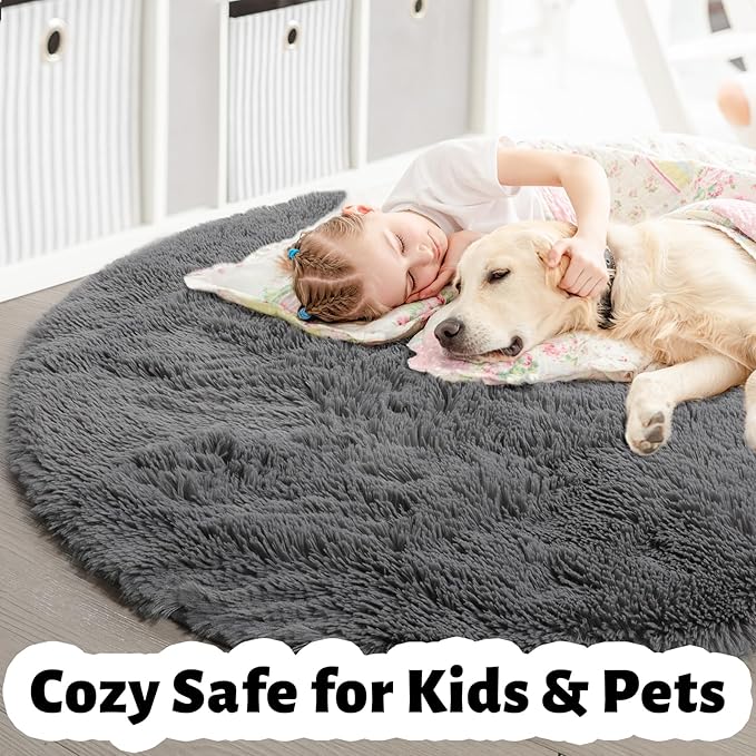 Grey Round Rugs 4Ft for Living Room Bedroom, Fluffy Fuzzy Shag Shaggy Circle Area Rug for Kids Room Home Office Decor Aesthetic, Furry Soft Plush Indoor Floor Gray Carpet for Baby Nursery Preppy Dorm
