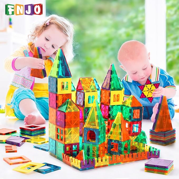 FNJO Magnetic Tiles, 100PCS Building Blocks, Magnets Building Set, STEM Construction Stacking Toy Gift for Kids 3+ Boys and Girls Preschool Kindergarden Toy