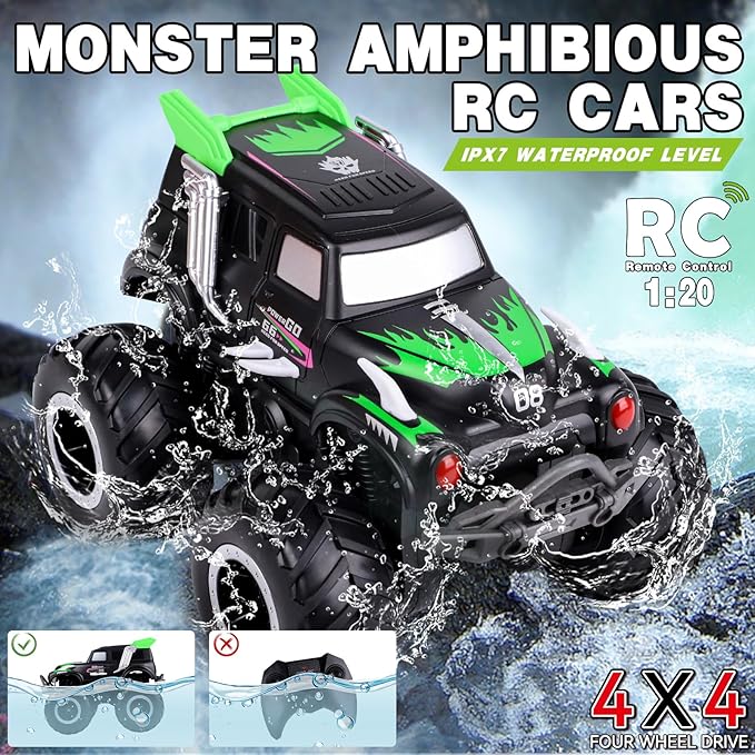 Amphibious Remote Control Cars, 1/20 Stunt RC Rock Crawler Monster Truck Toy with Two Alternative Rechargeable Batteries, All-Terrain 4WD Off-Road Vehicle Toys Gift for Kids Age 8-12 Green