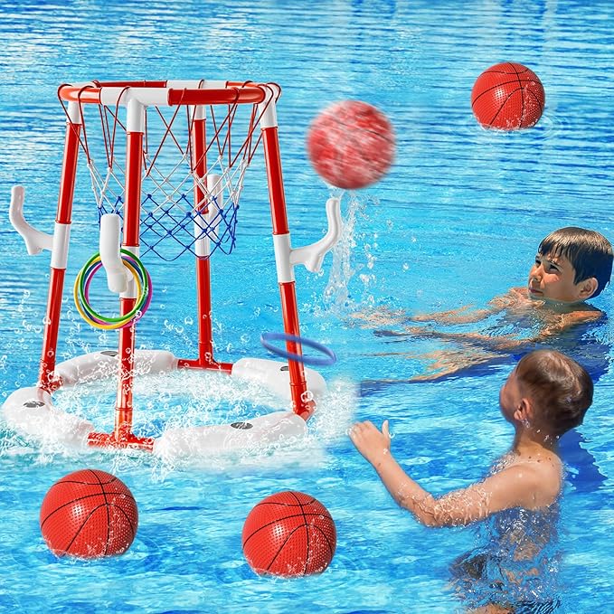 Pool Basketball Hoop Toys for Kids Ages 4-8 8-12 & Adult, Summer Outdoor Swimming Pool Games Water Play Toys Family Party for Kids, 2 in1 Pool Basketball Hoop & Ring Game with 4 Balls 12 Rings & Pump