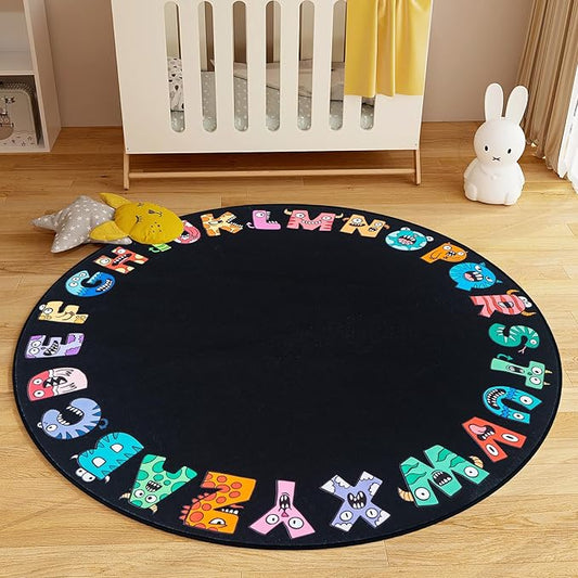 ABC Alphabet Rug for Kids, Classroom Playmat 5ft Non-Slip Circle Rugs for playroom, Round Area Rug for Elementary Classroom, Play Carpet for Boys Girls Bedrooms Playroom,Nursery Rugs-Black