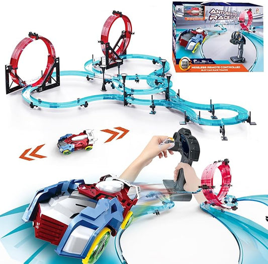 Slot Car Race Track Sets Electric Remote Control Car Track Racing Game Rechargable Magnetic Cars Racing with Hand Controllers Circular Overpass Track Toys for Boys Kids Age 6 7 8-12