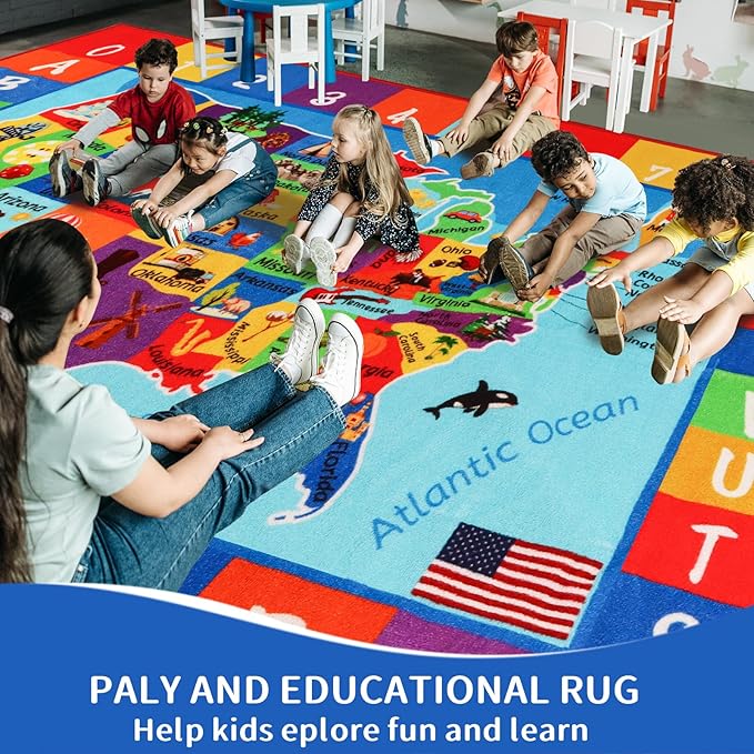 Classroom Carpets Kid Rug,13.3'×7.7' USA Map Classroom Rug for Kindergarten Primary School, Preschool Mat for Classroom Learning Area Nylon Non-Slip Latex Backing 157"×91"