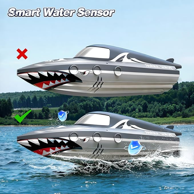 Shark RC Boat for Kids & Adults,2.4GHz High Speed Remote Control Racing Boat W/ Dual Battery 50 Min Runtime,Waterproof,Fast Remote Control Toy Gift Kids 8-12, Ideal for Pools & Lakes,Realistic Grey