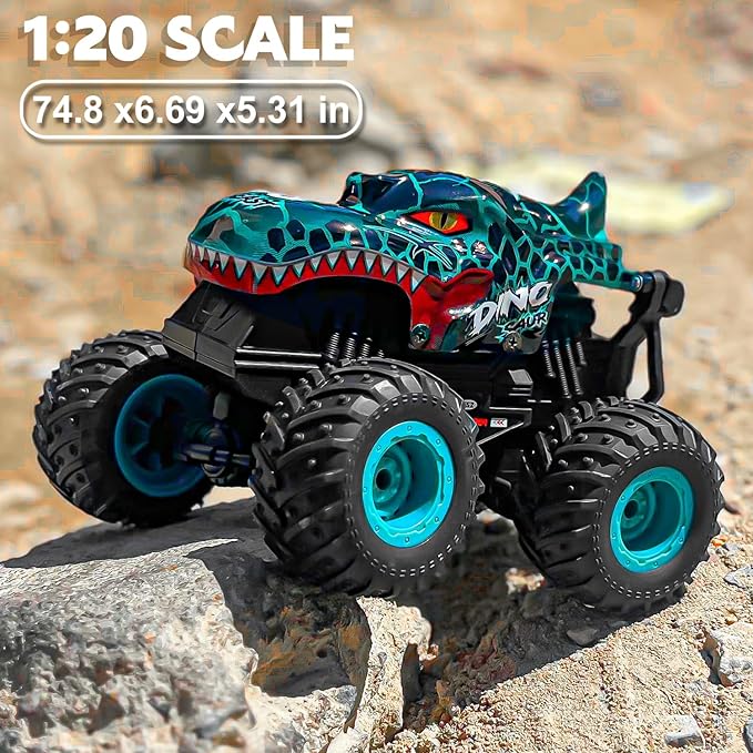 Monster Truck Toys, 2.4Ghz RC Monster Trucks for Boys, 1:20 Dinosaur RC Cars with Light & Music, Remote Control Truck with Stunt, 360° Spin, Walk Upright& Drift, Remote Control Car for Boys 4-7