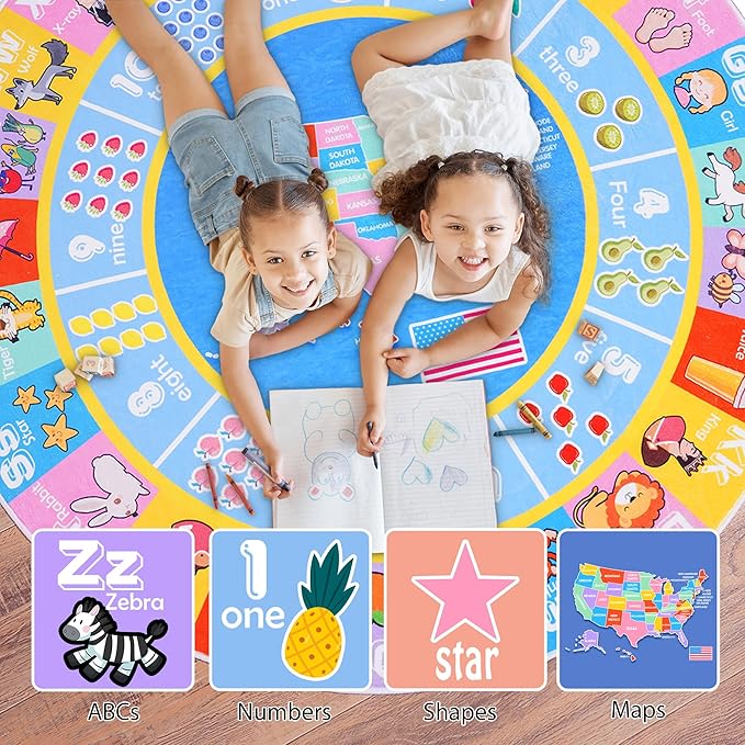 Kids Rugs for Playroom - Soft & Non-Slip 4x4 Feet Round Educational Rug for Learning ABC Alphabet, Numbers, Shapes & Map, Washable Classroom Rug for Toddler Nursery & Kids Room Decor