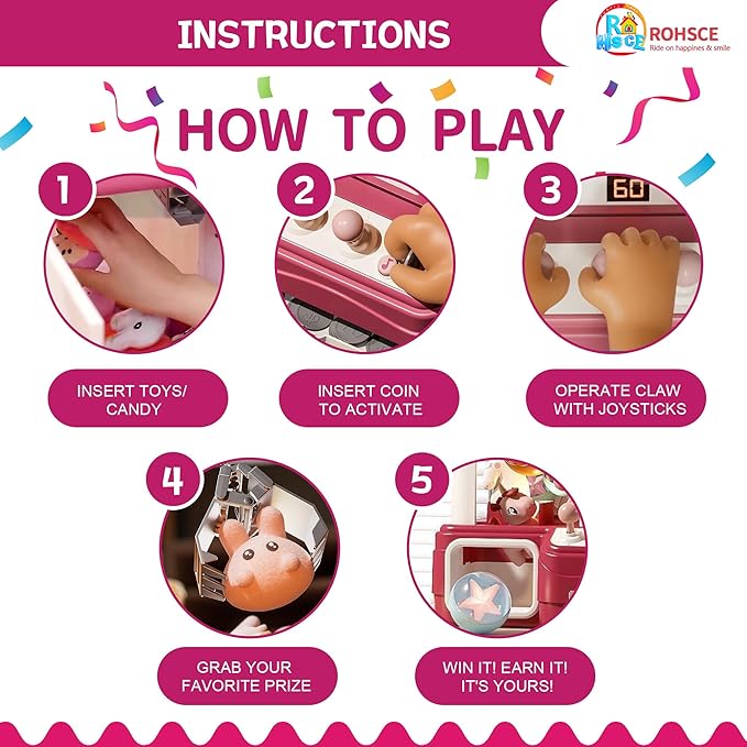 Interactive Claw Toy Arcade Machine with Prizes, Kids Vending Machine with Lights, Music, Plush Toys & Capsules, Mini Claw Machine USB Rechargeable, Birthday Gift for Girls Ages 4-12