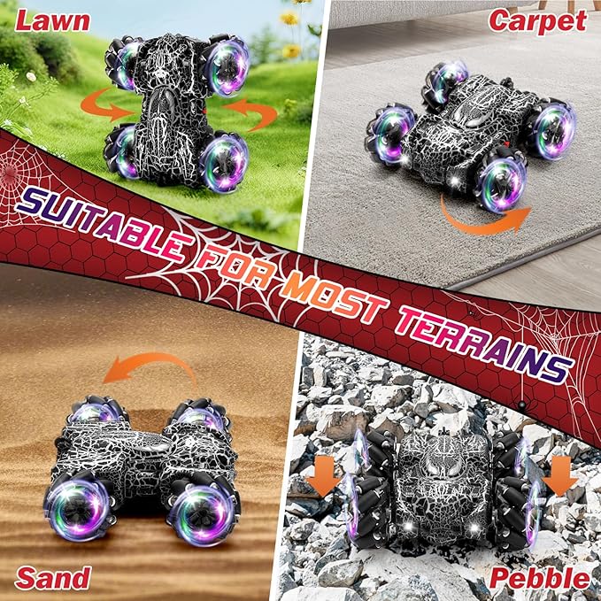 Hand Controlled Remote Control Car, 2.4Ghz Gesture Sensing RC Stunt Car with Wholebody Light & Headlight, Rechargeable 360° Rotating Double Sided RC Cars Black Spider Toys for Boys 4-6 5-7 8-12