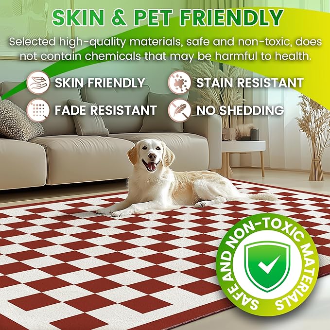 Washable 4x6 Checkered Area Rug for Living Room, Dark Red Checkerboard Modern Boho Large Rugs, Ultra Thin Low Pile Lightweight Indoor Carpet with Non-Slip Backing for Bedroom Kids Nursery Play Room