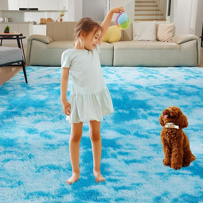 Ultra Soft Rug for Living Room, 4X5.8 Fluffy Shag Area Rug for Bedroom, Modern Shaggy Carpets Fuzzy Rug for Teens Dorm Nursery Home Decor Aesthetic, Upgrade Anti-Skid Durable, Tie-Dyed Blue