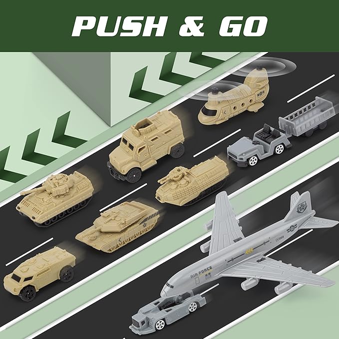 Army Toys, Military Airplane Tank Toy Sets with 13 Vehicles, Trucks, Helicopter, Fighter Jet, Play Mat with Army Men Action Figures and Accessories, Birthday Gift for Boys