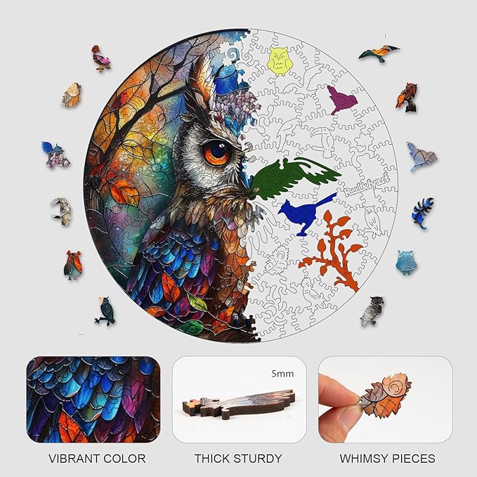 Stained Glass Owl 500 Pieces Wooden Jigsaw Puzzles for Adults with Unique Irregular Shape Fun Challenging Bird Puzzles for Kids and Couples on Birthday,Children's Day,Christmas16.7 x16.7