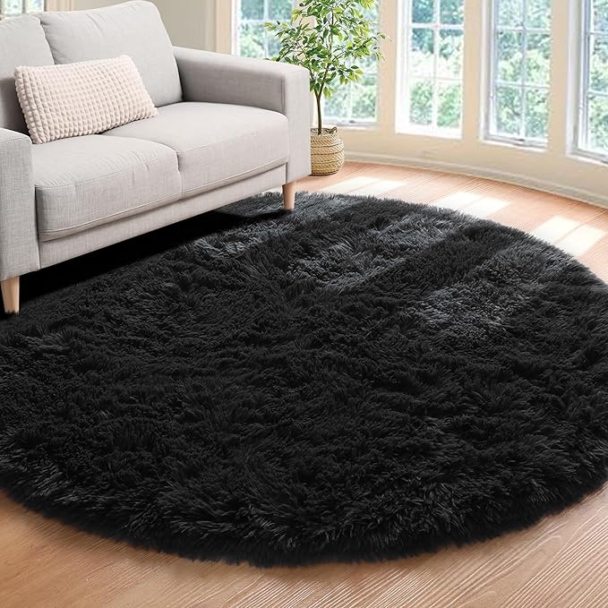 ONASAR Black Round Area Rugs 6ft, Ultra Soft Bedroom Circle Rug for Kids Girls Boys Teen Room, Fluffy Plush Shaggy Carpet Floor Mats for Baby Nursery Living Room Playroom Dorm Home Decor