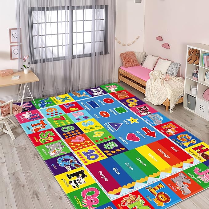 Kids Play Rug for Playroom, Kids Play Mat ABC Educational Area Rug, Toddler Baby Playroom Mat, Alphabet Animal Soft Non-Slip Kids Rug Carpet for Boy Girl Bedroom (59X39.4 INCH Blue)