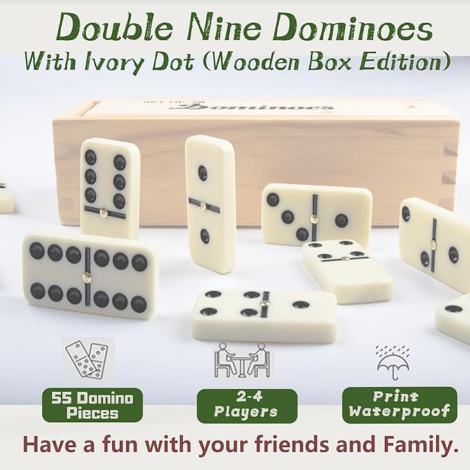 Smilejoy Dominoes Set for Adults, Double Nine Domino Set for Classic Board Games, Dominoes Double 9 for Family Games with Natural Wooden case with Spinner 55pcs