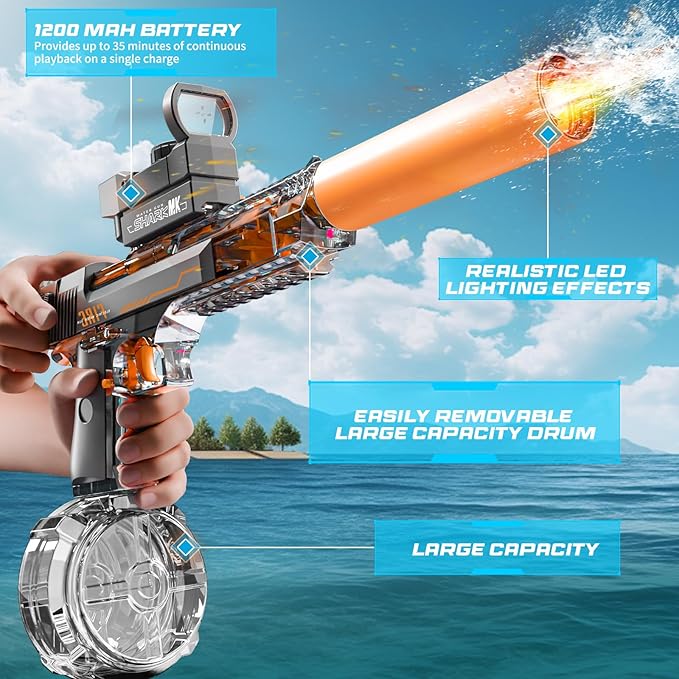 Electric Water Blaster for Kids Ages 4-12: Automatic Water Toy with 32FT Spray Distance High-Capacity Design Ideal for Pool Parties, Beach, Backyard & Summer Outdoor Play, Grey
