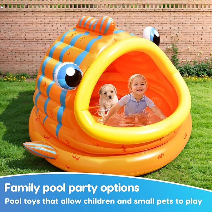 FUN LITTLE TOYS Inflatable Baby Pool with Shade, Kids Blow Up Pool with Canopy, Kiddie Pool for Indoor Outdoor Summer Swimming Floats for Toddler 3-48 Months