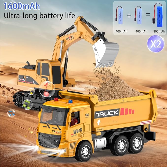 Remote Control Excavator and Dump Truck Toy Set - RC Construction Vehicles Toy with Barricades, Road Signs, Simulated Rocks, Lights and Sounds, Birthday Gifts for Toddlers 3-12 year Boys Girls