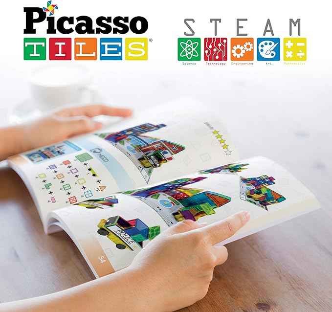 PicassoTiles 80 Piece Race Car Track + Ideabook with Over 150+ Ideas, Magnet DIY Playset 2 Light Up Car STEM Learning Kit Hand-Eye Coordination Fine Motor Skill Training, Unique Innovative Creations