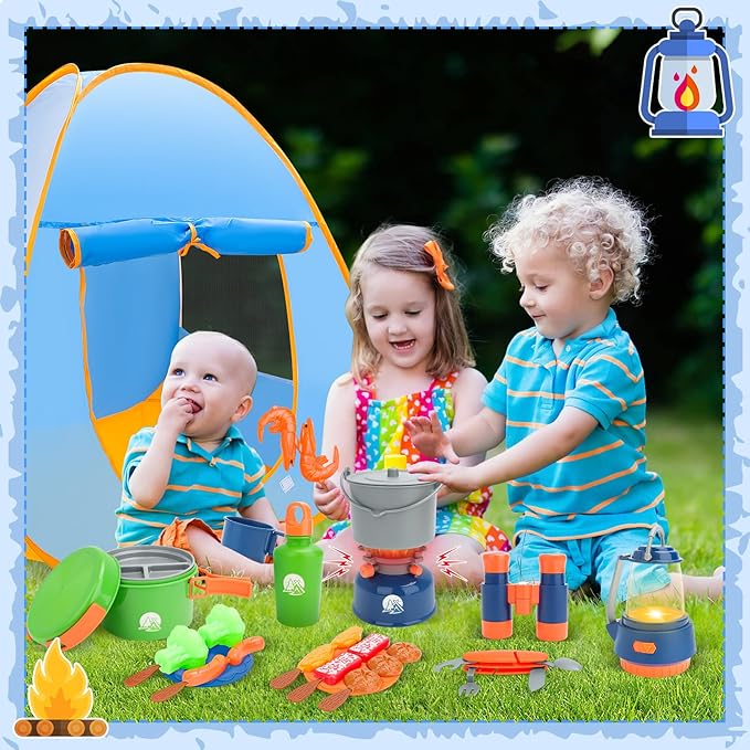 deAO Kids Camping Toys Set with Pop Up Play Tent,32 PCS Outdoor Pretend Camping Toys with Light & Spray for Kids Boys Girls Age 3 4 5 6, Gift for Kids