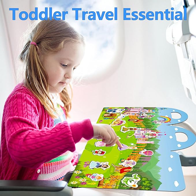 Reusable Sticker Books for Toddlers 1-3, Stickers for Kids, Reusable Stickers for Toddlers 2-4 Years, Airplane Train Car Travel Essentials Toy for Kids Girls Boys (Fairy Tale+Ocean World)