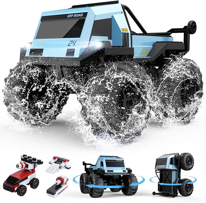 DEERC Amphibious Remote Control Car Monster Truck Toys Waterproof RC Stunt Cars for Boys 8-12 Toys W/Blocks & 360°Spin, 4WD All-Terrain Off-Road Pickup RC Truck 2.4Ghz 60+ Min Playtime Pool Toy Gift