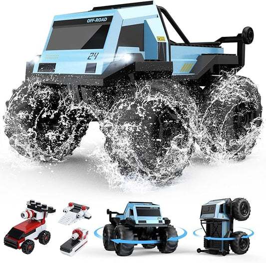 DEERC Amphibious Remote Control Car Monster Truck Toys Waterproof RC Stunt Cars for Boys 8-12 Toys W/Blocks & 360°Spin, 4WD All-Terrain Off-Road Pickup RC Truck 2.4Ghz 60+ Min Playtime Pool Toy Gift