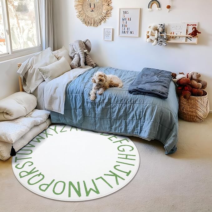 Topotdor Round Kids Play Rug Alphabet Nursery Area Rug Extra Large Soft Crawling Play Mat for Children Toddlers Bedroom (47 inch, Green/White)