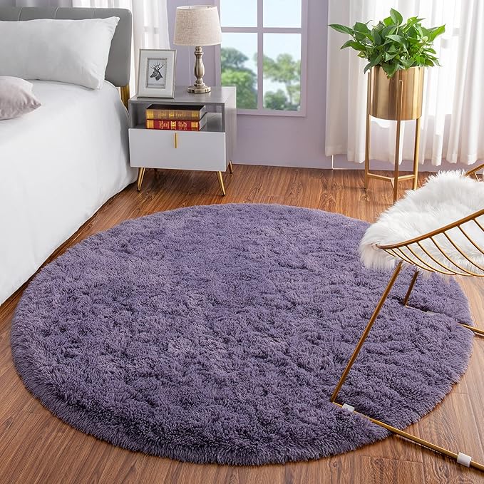 LOCHAS Luxury Round Fluffy Area Rugs for Bedroom Kids Girls Room Nursery, Super Soft Circle Rug, Cute Shaggy Carpet for Children Living Room, 4x4 Feet Grey Purple