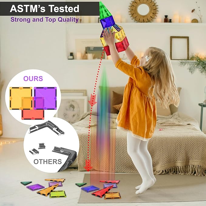 Magnetic Tiles Building Blocks Toy - STEM Educational Magnet Set for Kids, Creativity Preschool Learning Sensory Montessori Toddler Toys for Boys & Girls 3+ Years Old - 57PC