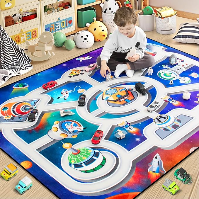 Kids Rug, Space Playmat Rugs, 4x6 Ft Playroom Carpet, Colorful Cartoon Outer Space, Planet, Rocket, Spaceship Road Rug for Playroom, Educational Learning Carpet for Kids