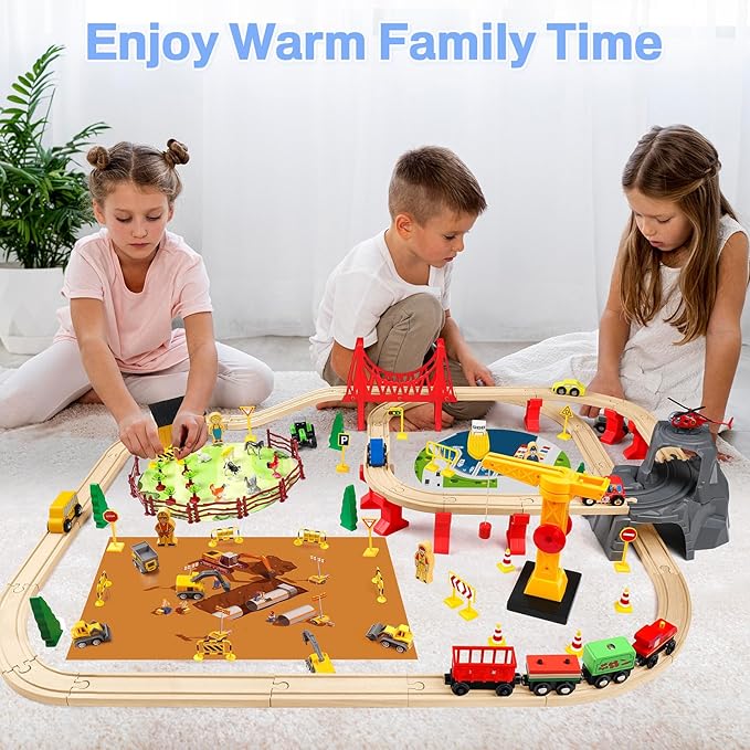 118Pcs Wooden Train Set for Kids, Wood Train Track Set Train Railway Accessories Toy Train Sets for Boys and Girls Gifts Ages 4 5 6 7 8 - Compatible with All Major Brands