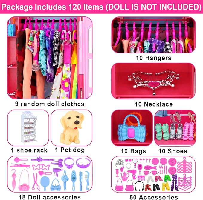 Ecore Fun 120 Pcs Fashion Doll Closet Wardrobe for Doll Clothes and Accessories Storage Include Clothes, Dresses, Shoes, Shoes Rack, Bags, Necklace, Hangers for 11.5 Inch Girl Doll Clothes