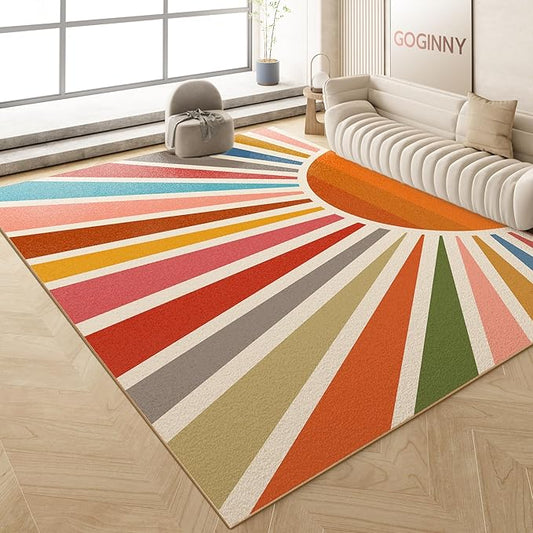 Washable 4x6 Sun Area Rug for Living Room, Rainbow Sun Modern Boho Large Area Rugs, Ultra Thin Low Pile Lightweight Soft Indoor Floor Carpet with Non-Slip Backing for Bedroom Kids Nursery Play Room