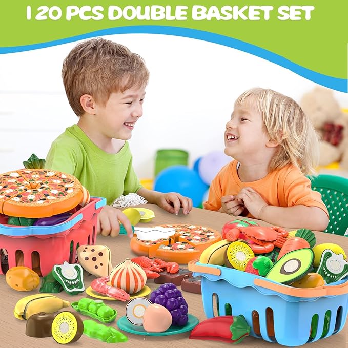 120 Pcs Cutting Play Food Toy for Multiple Kids with 2 Colors Storage Baskets, Kitchen Pretend Food Set for Toddler, Kitchen Toys Accessories, Fake Food/Fruit/Vegetable, Birthday Gifts for Boy Girl