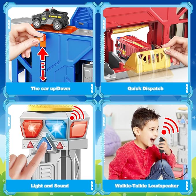 Ochido Boys Toys for 3 4 5 6 Years Old,Large City Action Playset Kit with Lights Sounds,Walkie-Talkie,Foldable Police & Fire Station Transform Track Toy with 4 Cars,Helicopter,7 Accessories