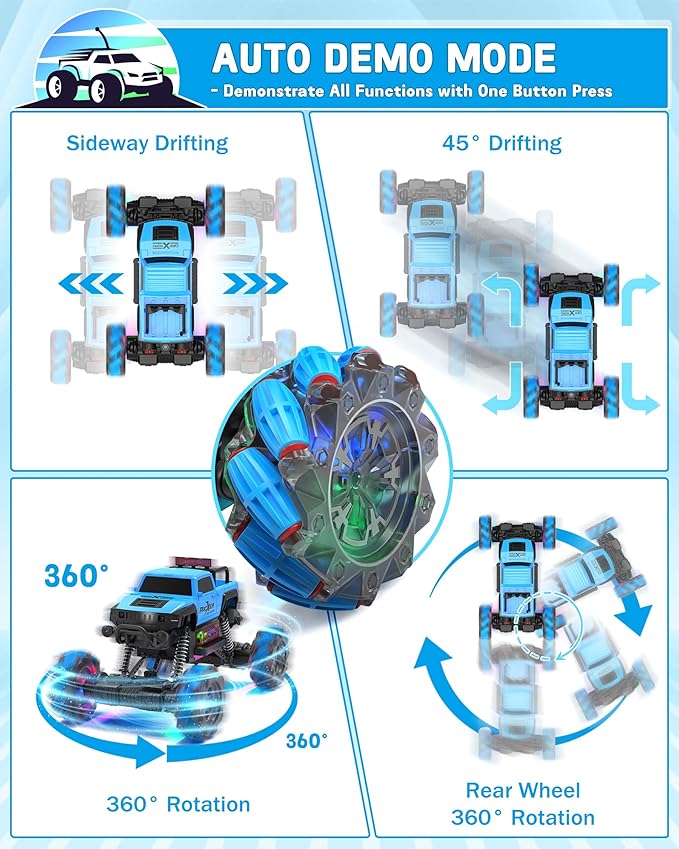 Programmable RC Stunt Truck, 1:12 Remote Control Monster Car with 360° Spin, Drift, One-Key Demo, 4WD All-Offroad Cars with Spray Music Dance Hobby Truck Gifts for 6-12 Boys Girls Christmas (Blue)