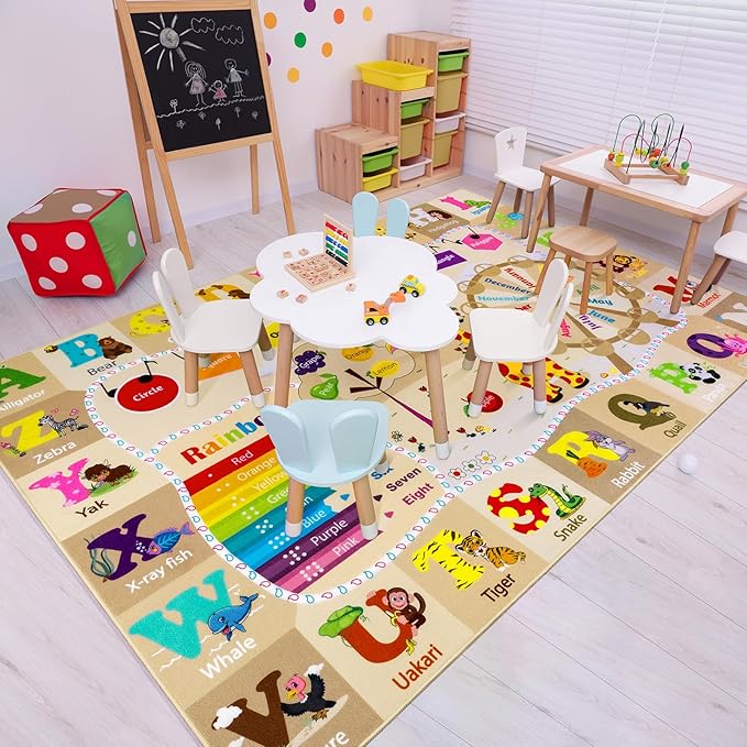 Kids Playroom Rug 4x6 Beige Rugs for Girls Bedroom Child Play Mat Educational and Fun Baby Care Rugs,Learning Rug with ABC Alphabets Animals Shapes No-Slip Carpets for Children Toddler Washable