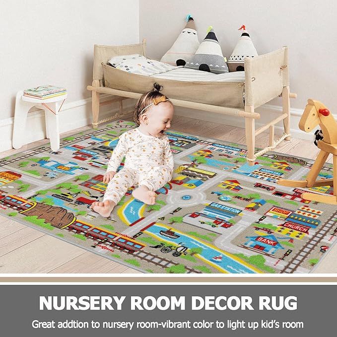 Capslpad Kids Rug for Playroom 3'3" x 5'2" Educational Learning Kid Play Area Rug Large Traffic Road Cars Play Mat for Kids Toy Nursery Rug Carpet for Living Room Home Decor, Tan
